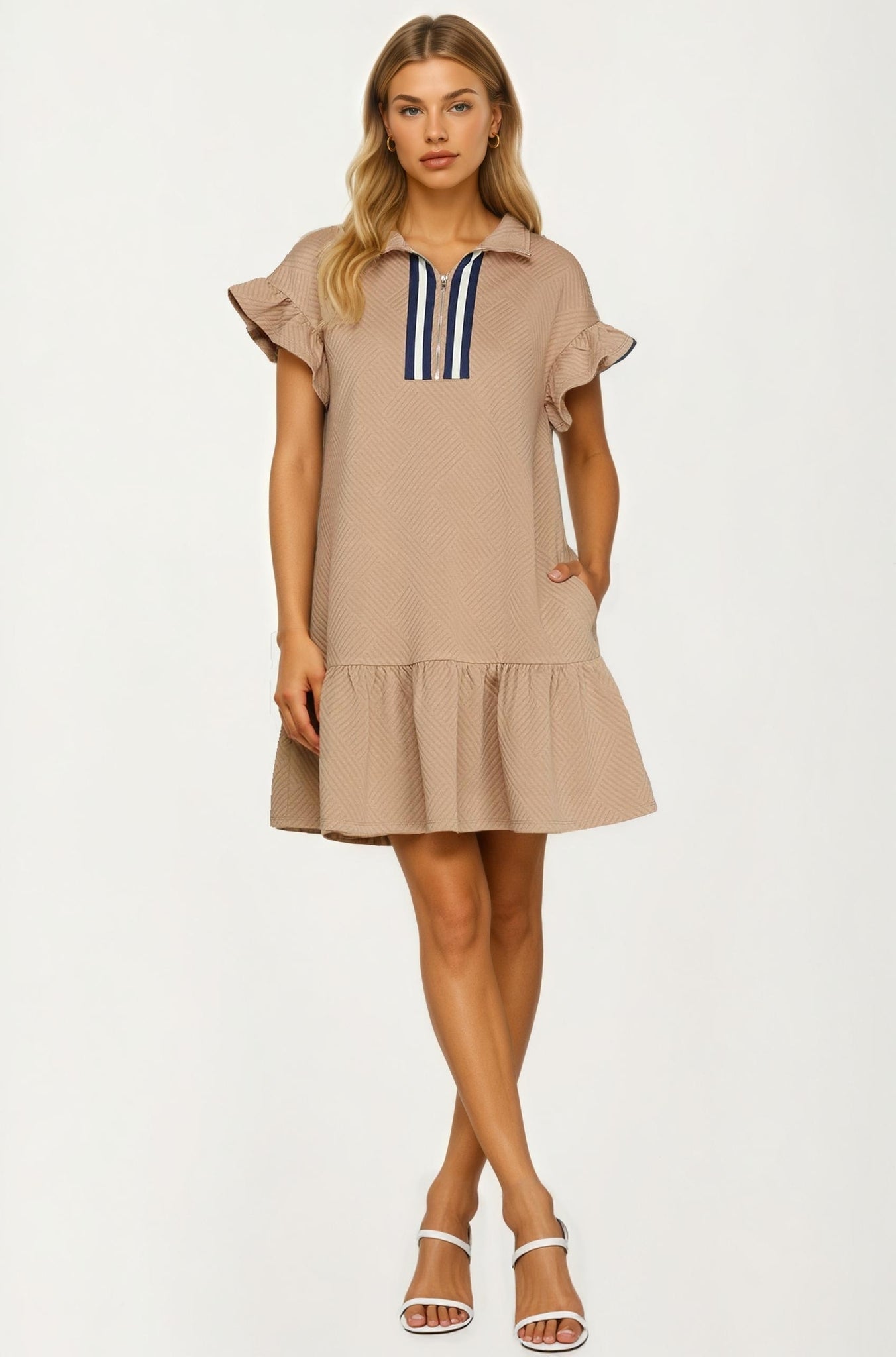 Textured Flutter Sleeve Mini Dress with Zip Detail