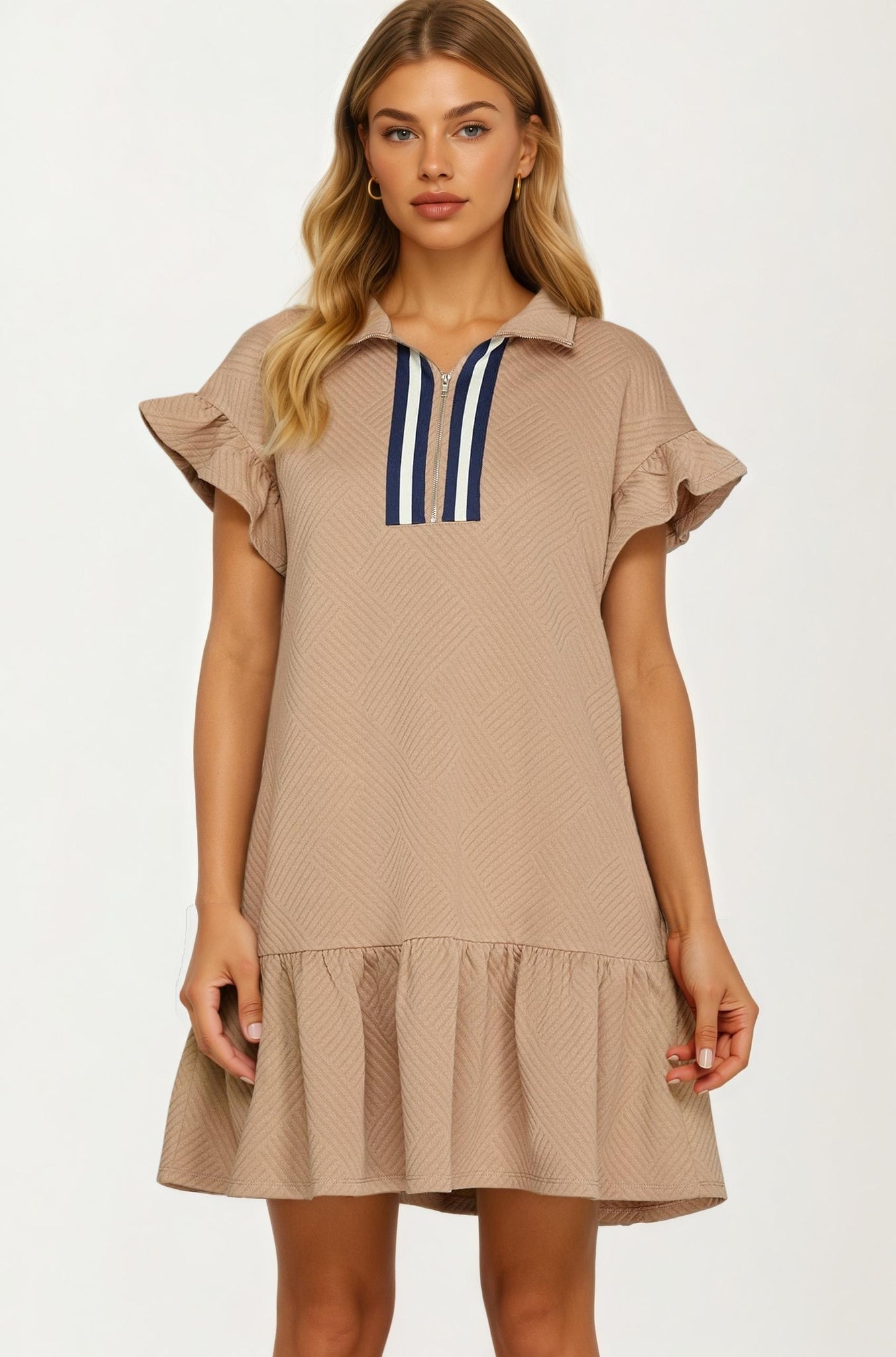 Textured Flutter Sleeve Mini Dress with Zip Detail