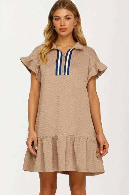 Textured Flutter Sleeve Mini Dress with Zip Detail