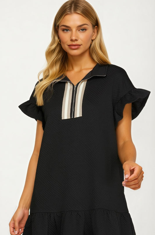 Textured Flutter Sleeve Mini Dress with Zip Detail