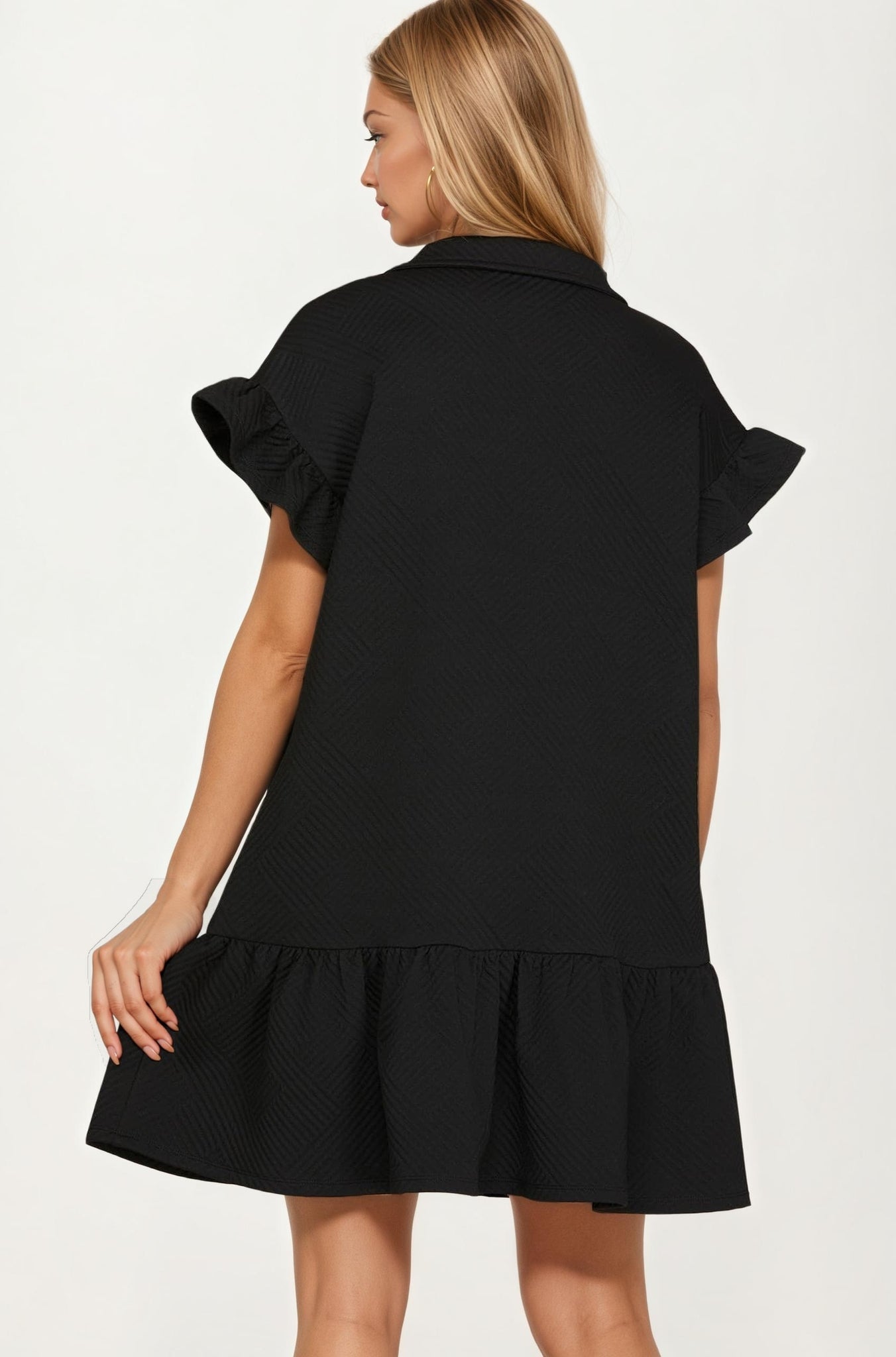 Textured Flutter Sleeve Mini Dress with Zip Detail