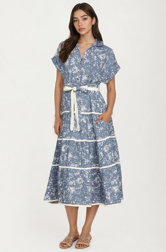 Button-Front Midi Dress with Tie Waist