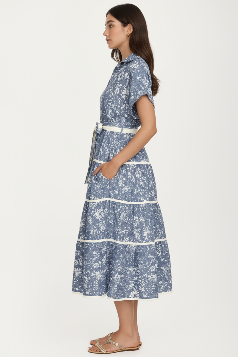 Button-Front Midi Dress with Tie Waist