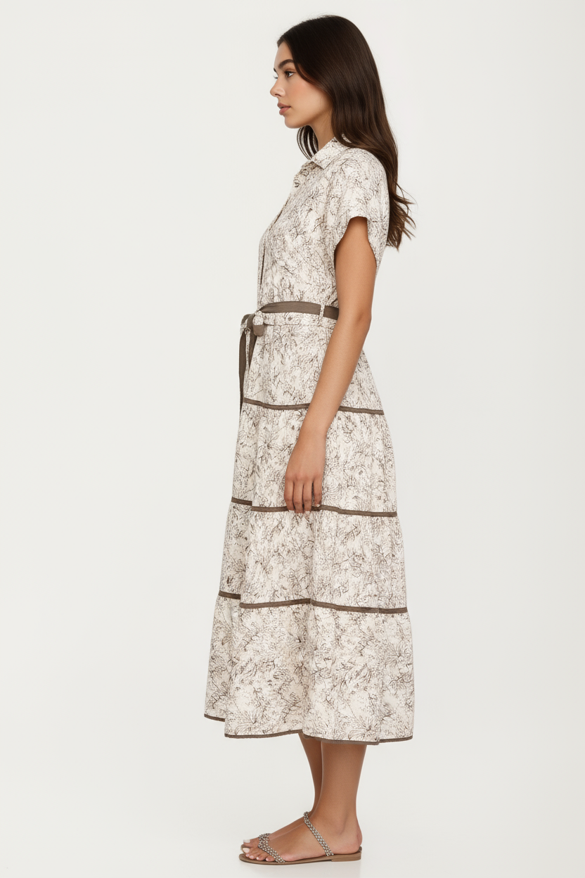 Button-Front Midi Dress with Tie Waist