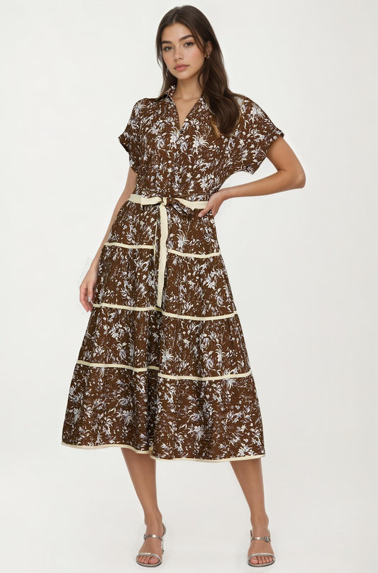 Button-Front Midi Dress with Tie Waist