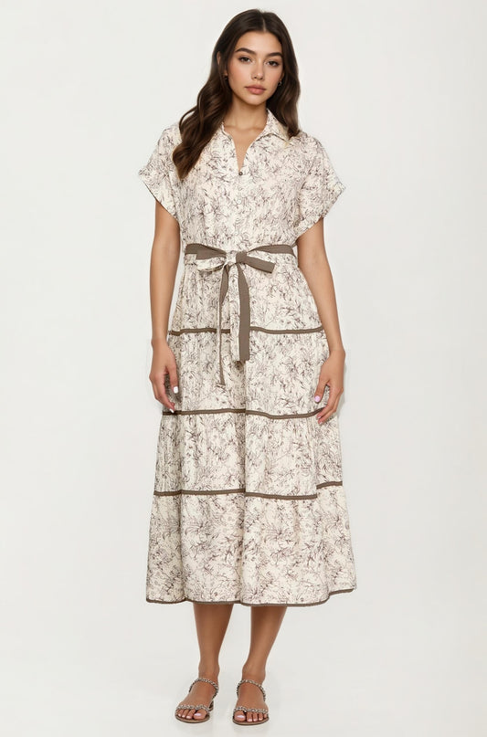 Button-Front Midi Dress with Tie Waist