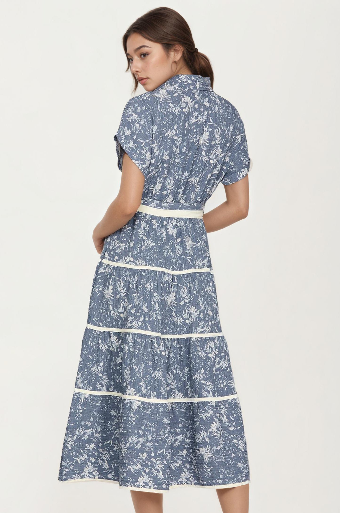 Button-Front Midi Dress with Tie Waist
