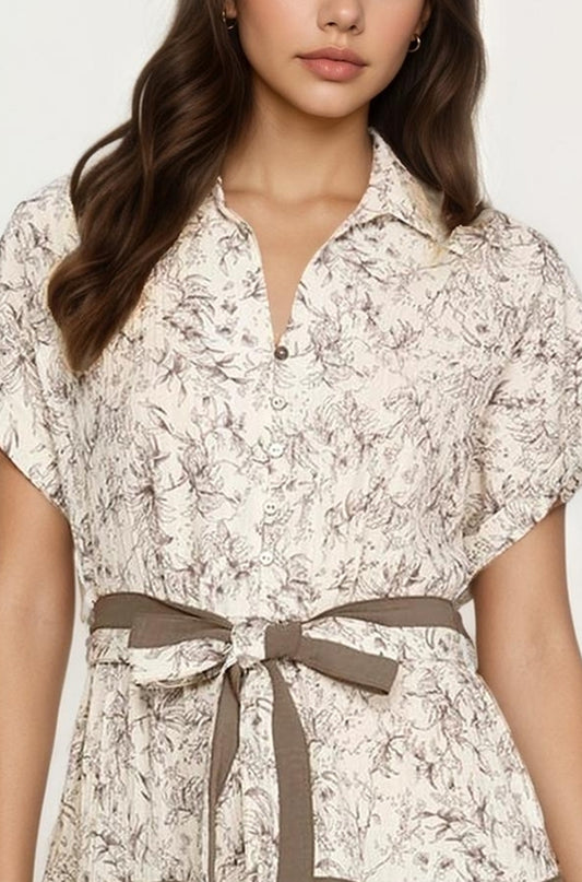 Button-Front Midi Dress with Tie Waist