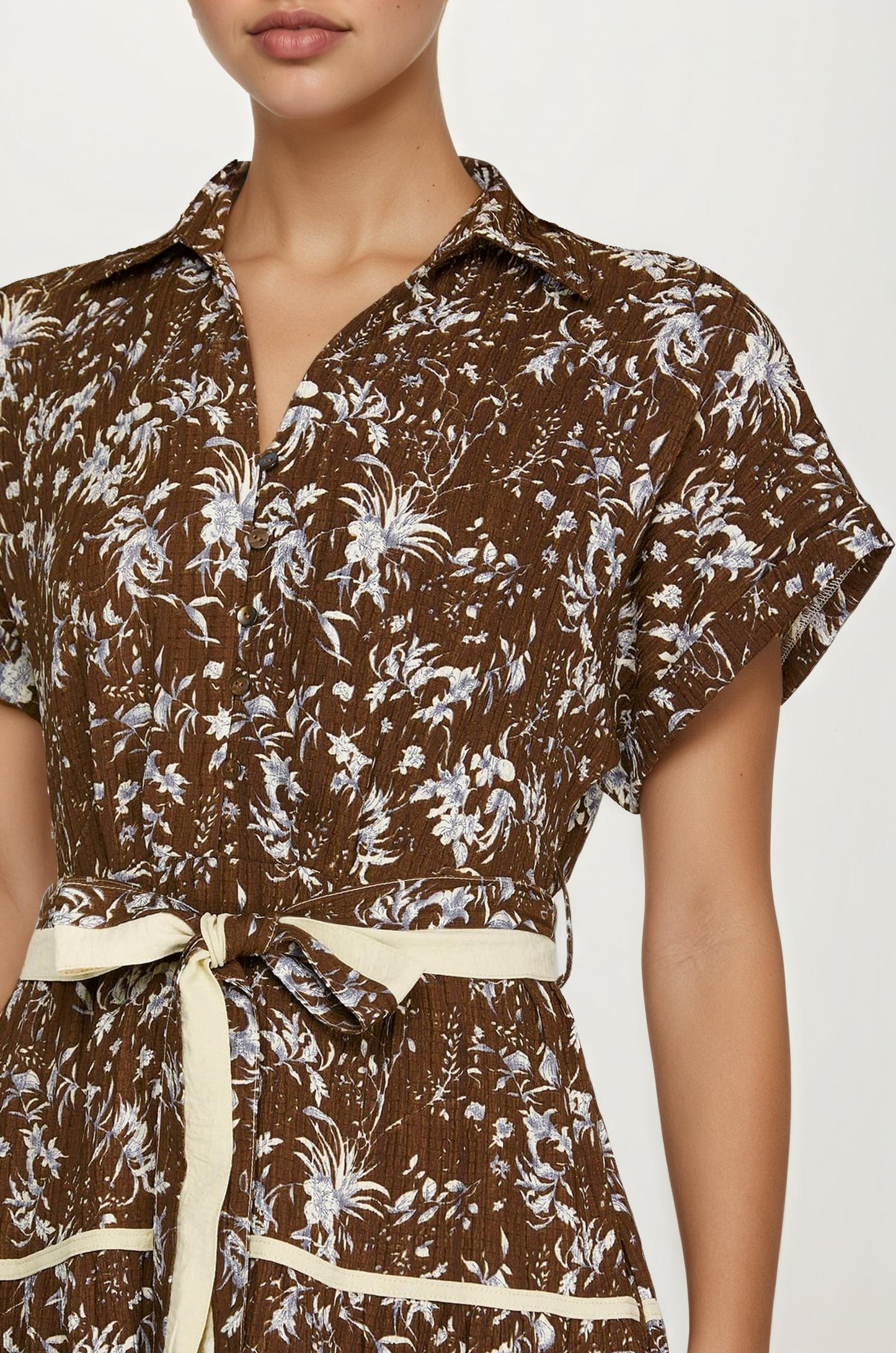 Button-Front Midi Dress with Tie Waist