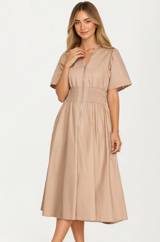 Neutral Zip-Front Midi Dress with Smocked Waist and Short Sleeves