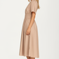 Neutral Zip-Front Midi Dress with Smocked Waist and Short Sleeves