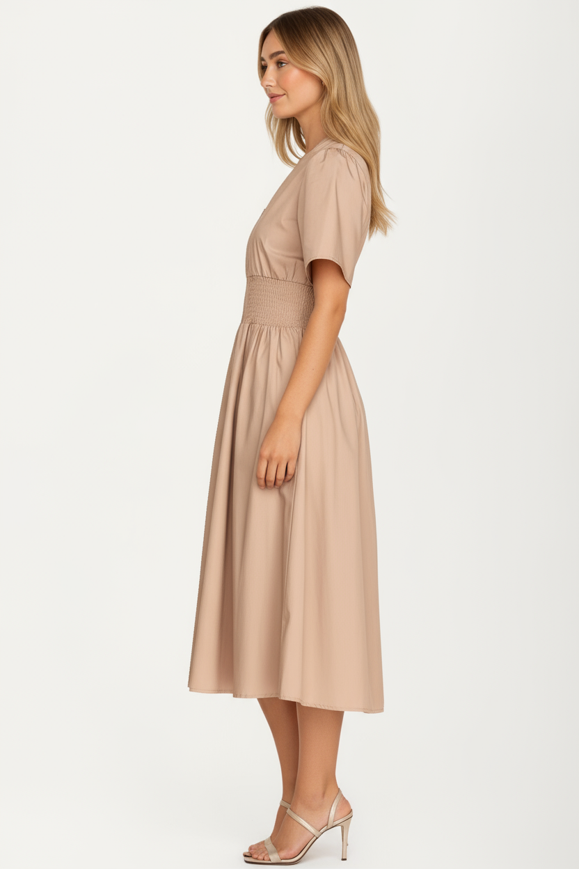 Neutral Zip-Front Midi Dress with Smocked Waist and Short Sleeves