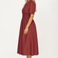 Neutral Zip-Front Midi Dress with Smocked Waist and Short Sleeves
