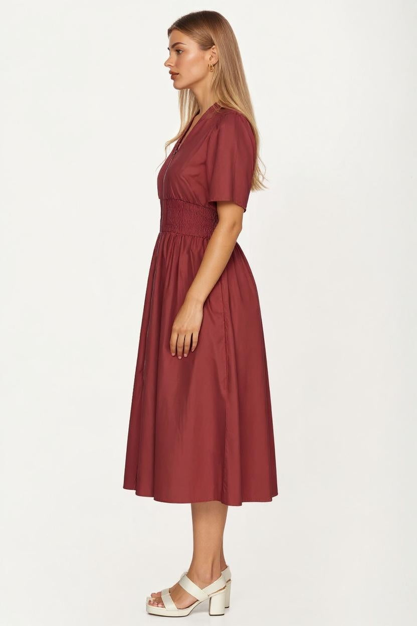 Neutral Zip-Front Midi Dress with Smocked Waist and Short Sleeves
