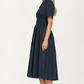 Neutral Zip-Front Midi Dress with Smocked Waist and Short Sleeves