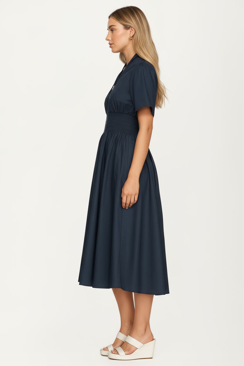 Neutral Zip-Front Midi Dress with Smocked Waist and Short Sleeves