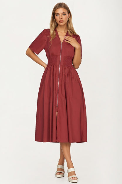Neutral Zip-Front Midi Dress with Smocked Waist and Short Sleeves