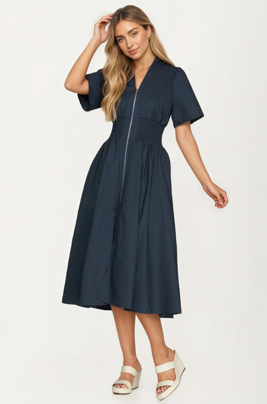 Neutral Zip-Front Midi Dress with Smocked Waist and Short Sleeves