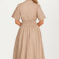 Neutral Zip-Front Midi Dress with Smocked Waist and Short Sleeves
