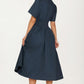 Neutral Zip-Front Midi Dress with Smocked Waist and Short Sleeves