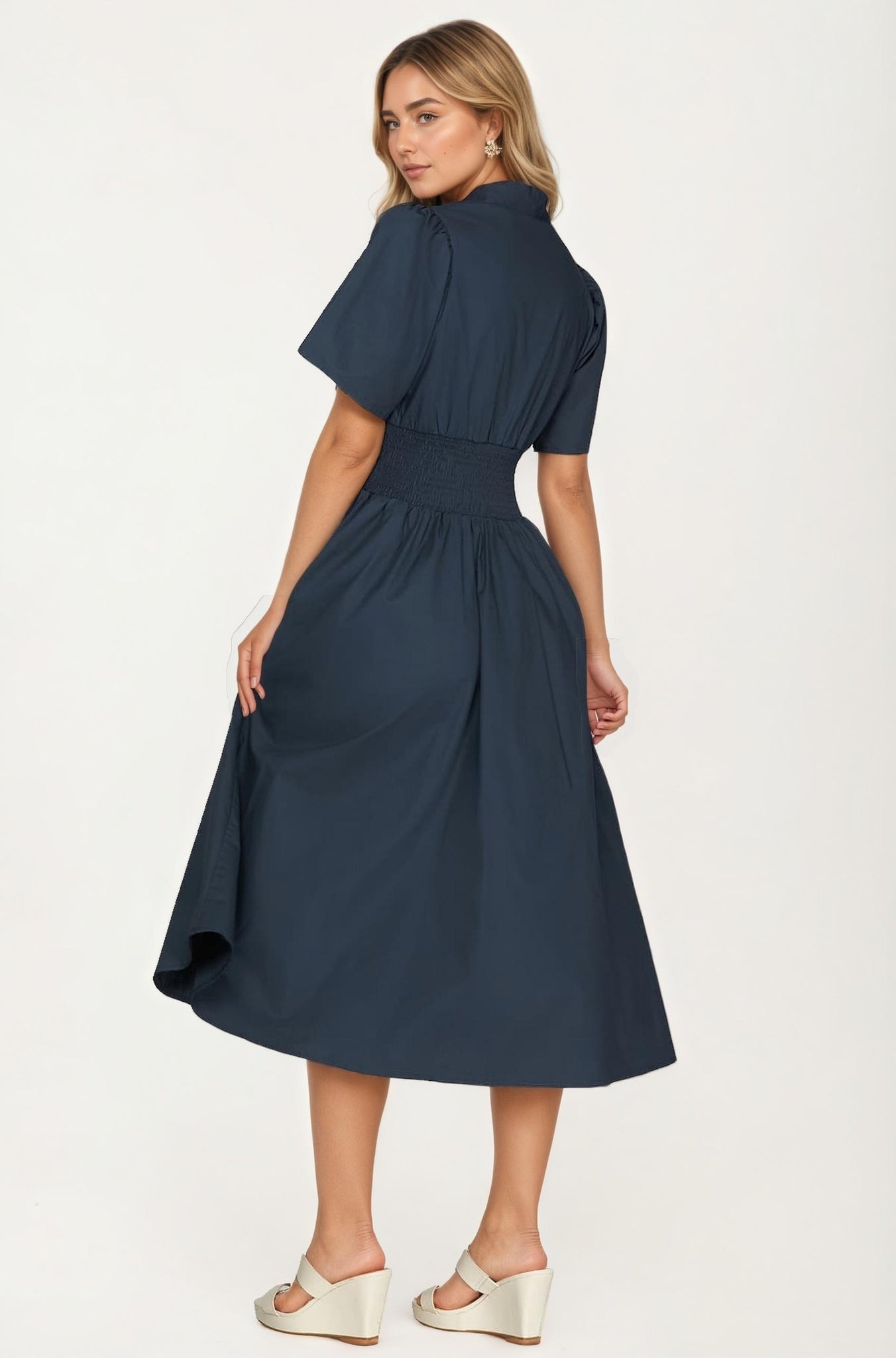Neutral Zip-Front Midi Dress with Smocked Waist and Short Sleeves