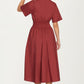Neutral Zip-Front Midi Dress with Smocked Waist and Short Sleeves