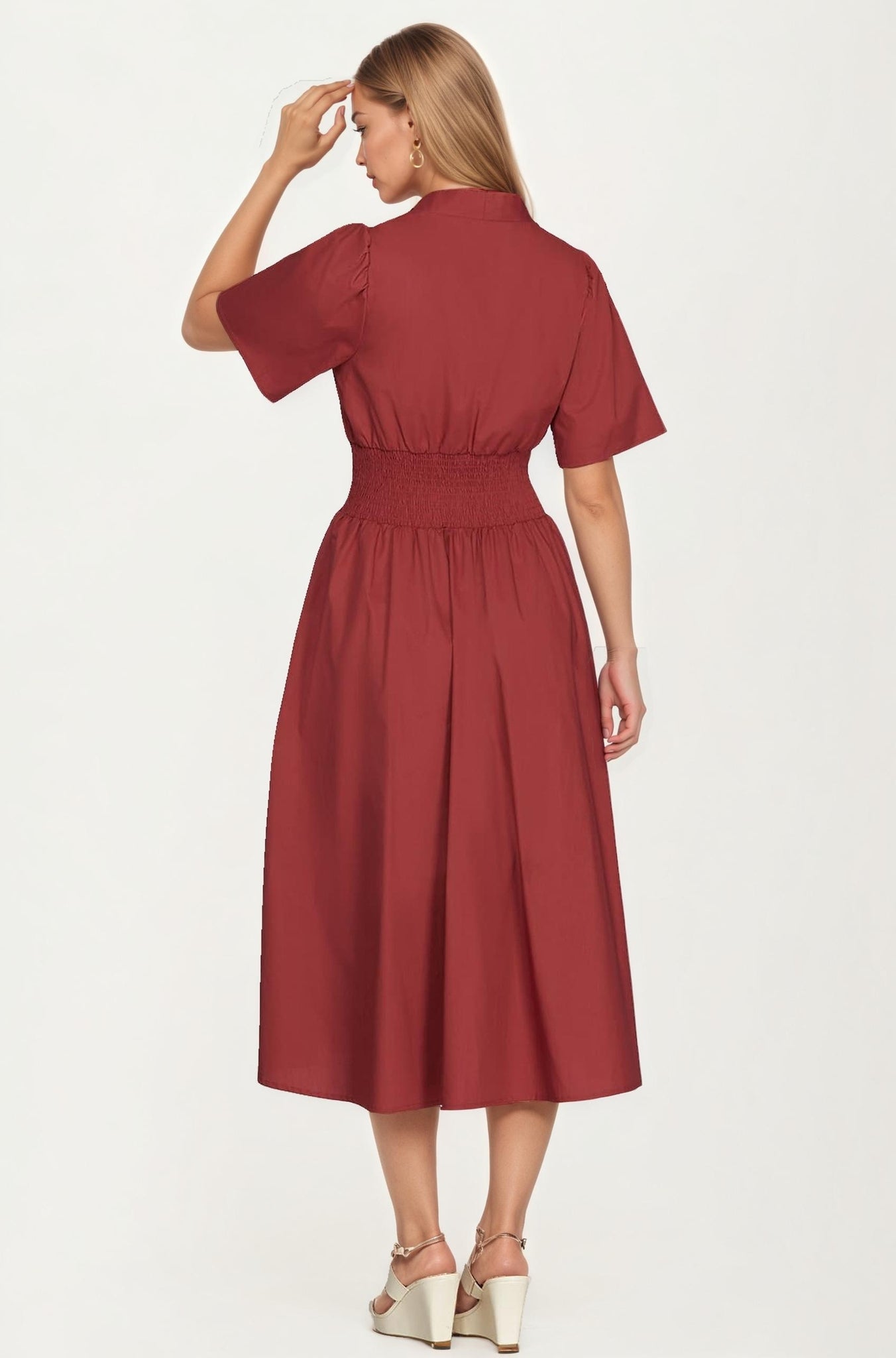 Neutral Zip-Front Midi Dress with Smocked Waist and Short Sleeves