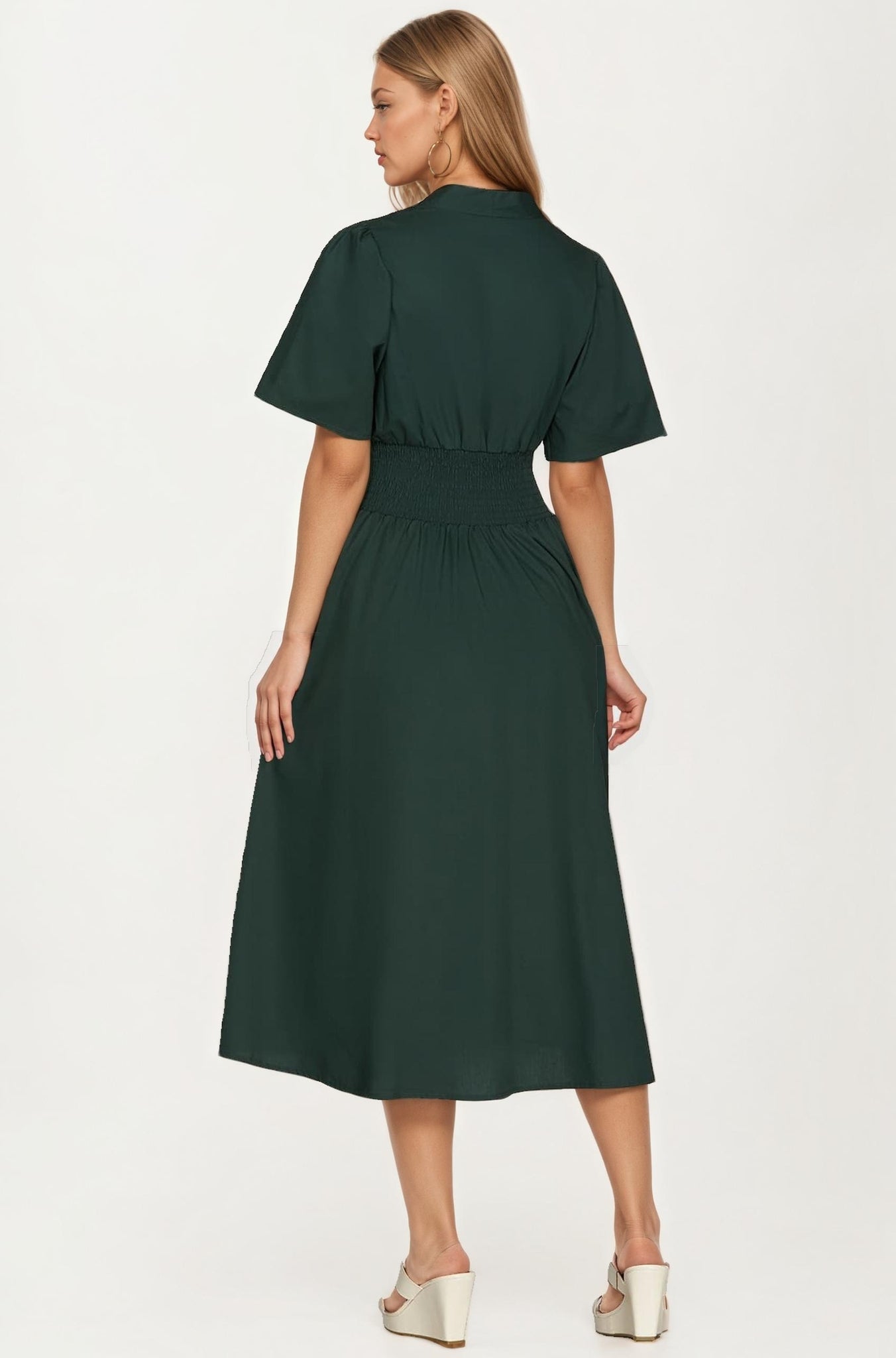 Neutral Zip-Front Midi Dress with Smocked Waist and Short Sleeves