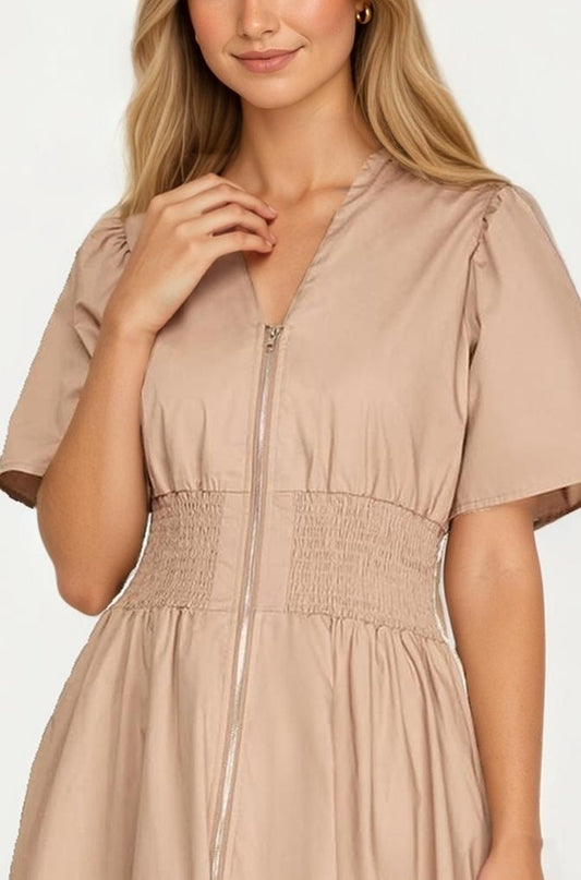 Neutral Zip-Front Midi Dress with Smocked Waist and Short Sleeves