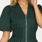 Neutral Zip-Front Midi Dress with Smocked Waist and Short Sleeves