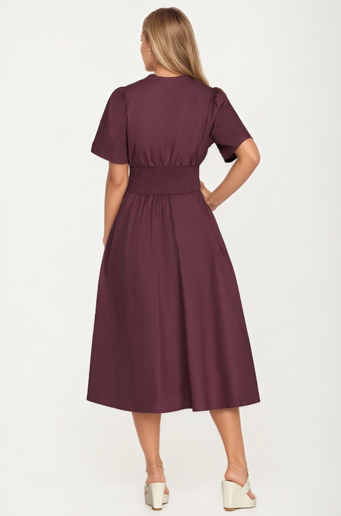 Neutral Zip-Front Midi Dress with Smocked Waist and Short Sleeves