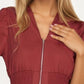 Neutral Zip-Front Midi Dress with Smocked Waist and Short Sleeves