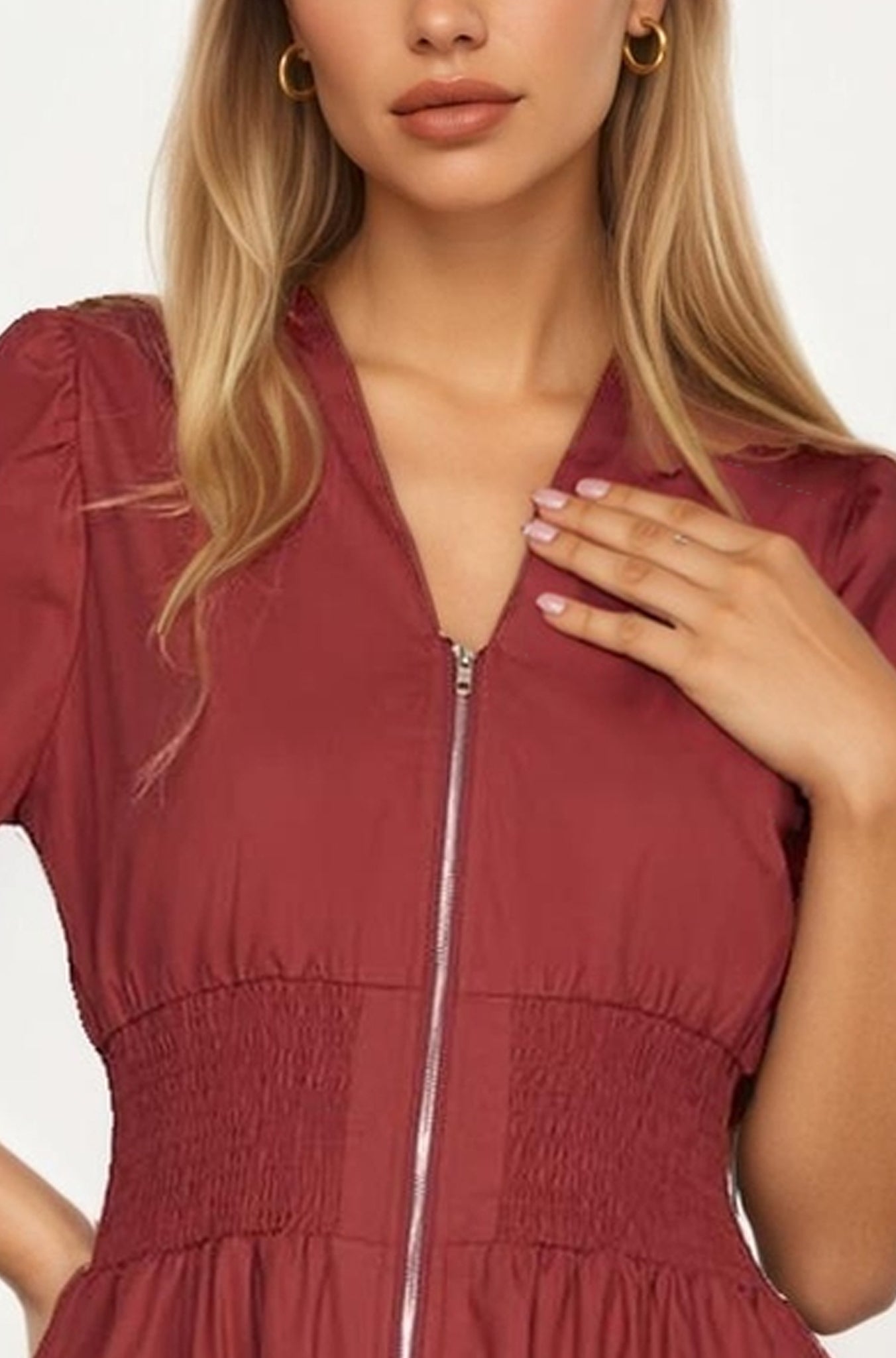 Neutral Zip-Front Midi Dress with Smocked Waist and Short Sleeves