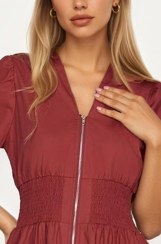 Neutral Zip-Front Midi Dress with Smocked Waist and Short Sleeves