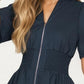 Neutral Zip-Front Midi Dress with Smocked Waist and Short Sleeves