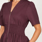 Neutral Zip-Front Midi Dress with Smocked Waist and Short Sleeves