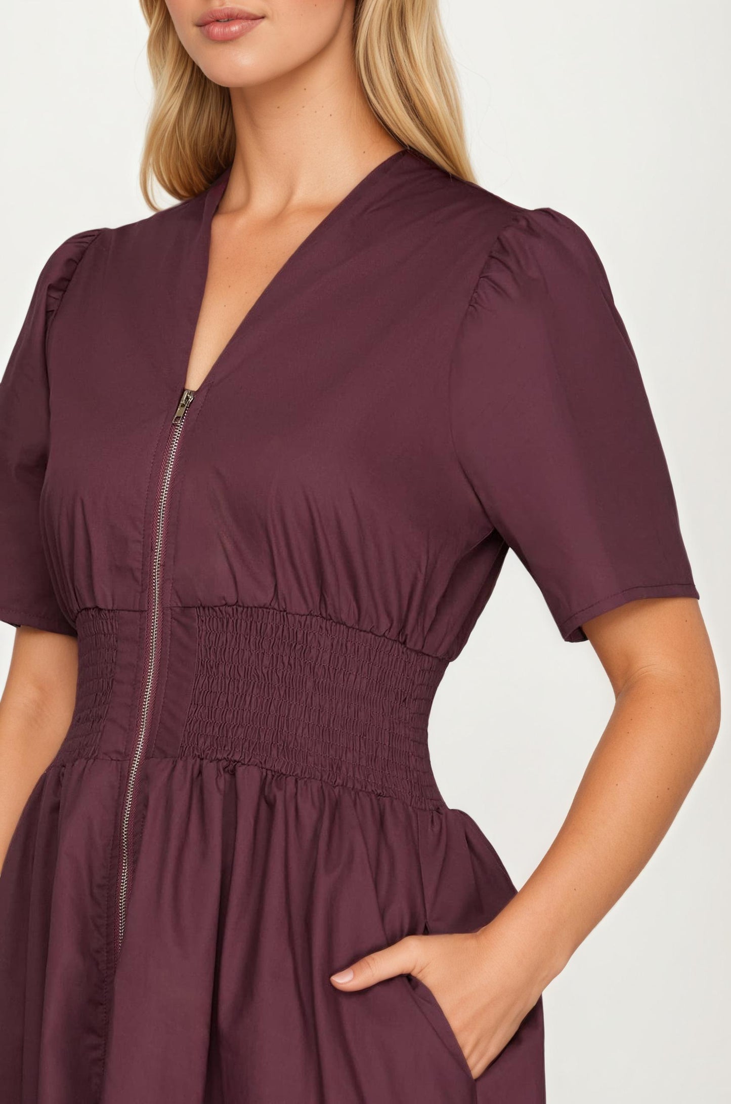 Neutral Zip-Front Midi Dress with Smocked Waist and Short Sleeves