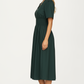 Neutral Zip-Front Midi Dress with Smocked Waist and Short Sleeves