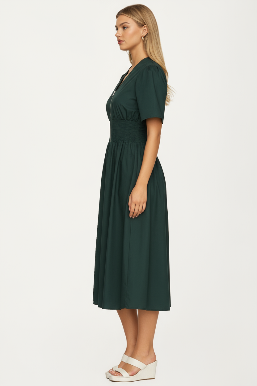 Neutral Zip-Front Midi Dress with Smocked Waist and Short Sleeves