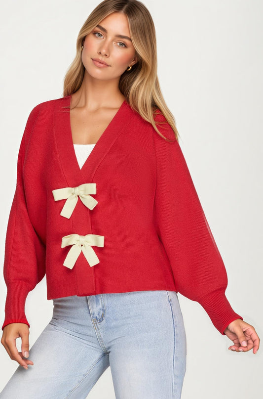 Bow Front Knit Cardigan with Long Sleeves