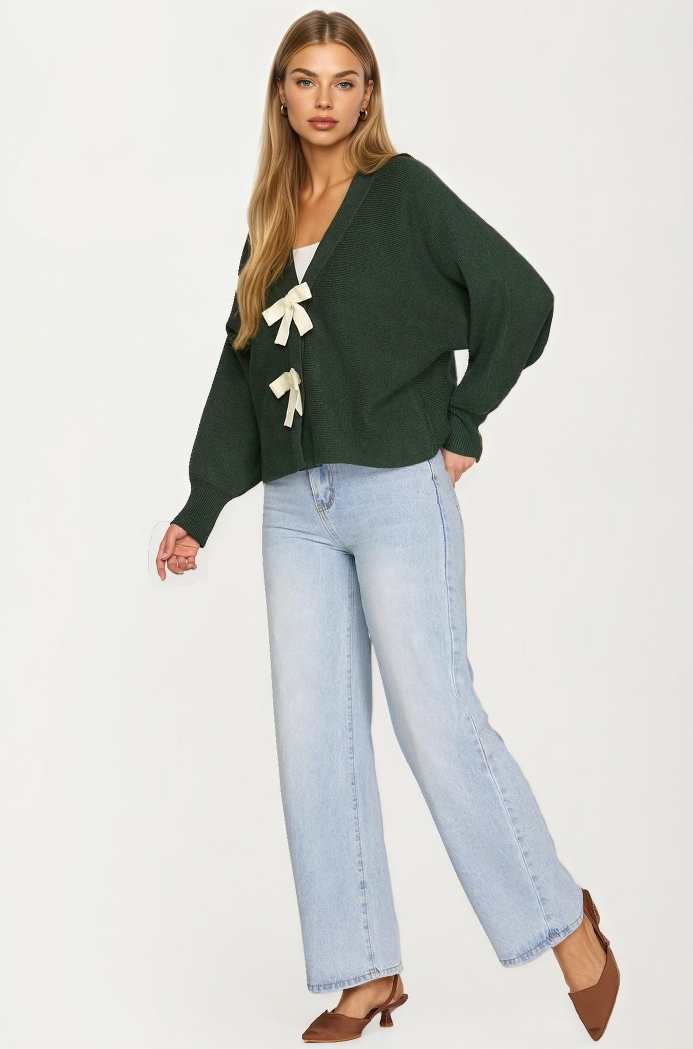 Bow Front Knit Cardigan with Long Sleeves