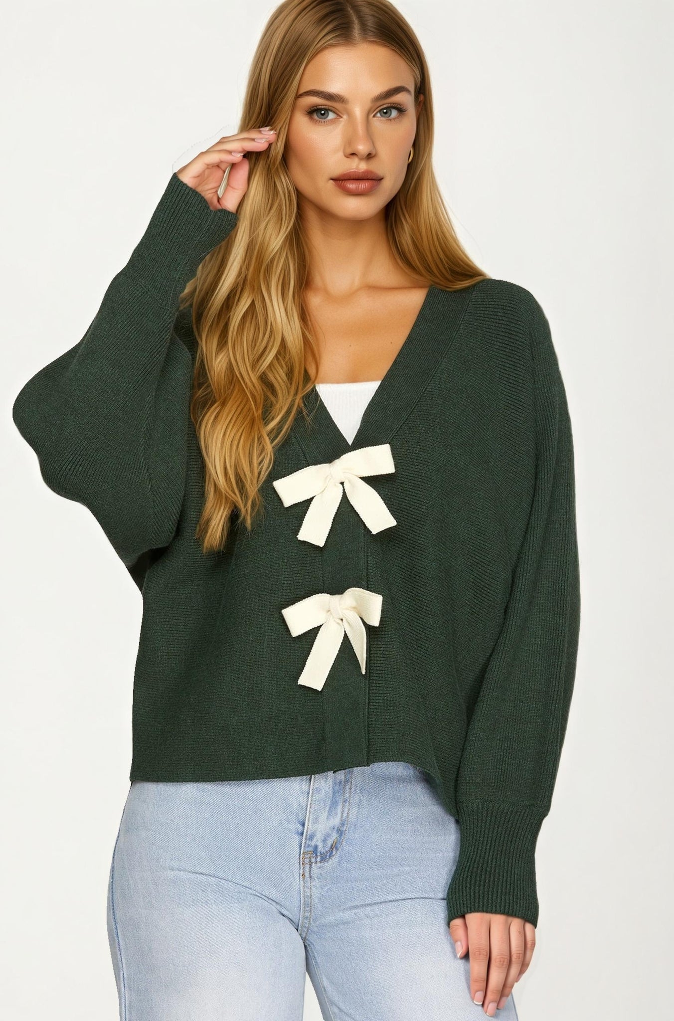 Bow Front Knit Cardigan with Long Sleeves