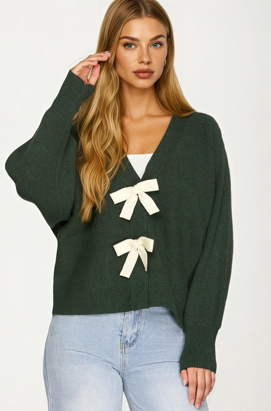 Bow Front Knit Cardigan with Long Sleeves