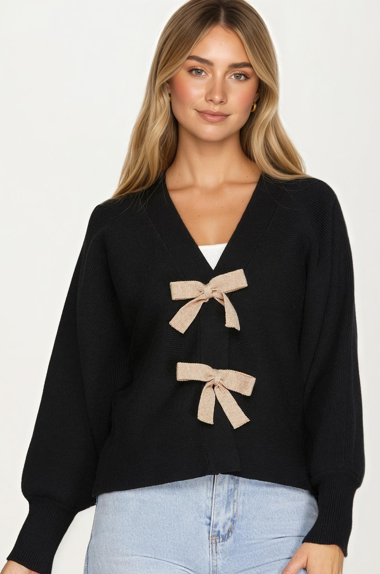 Bow Front Knit Cardigan with Long Sleeves