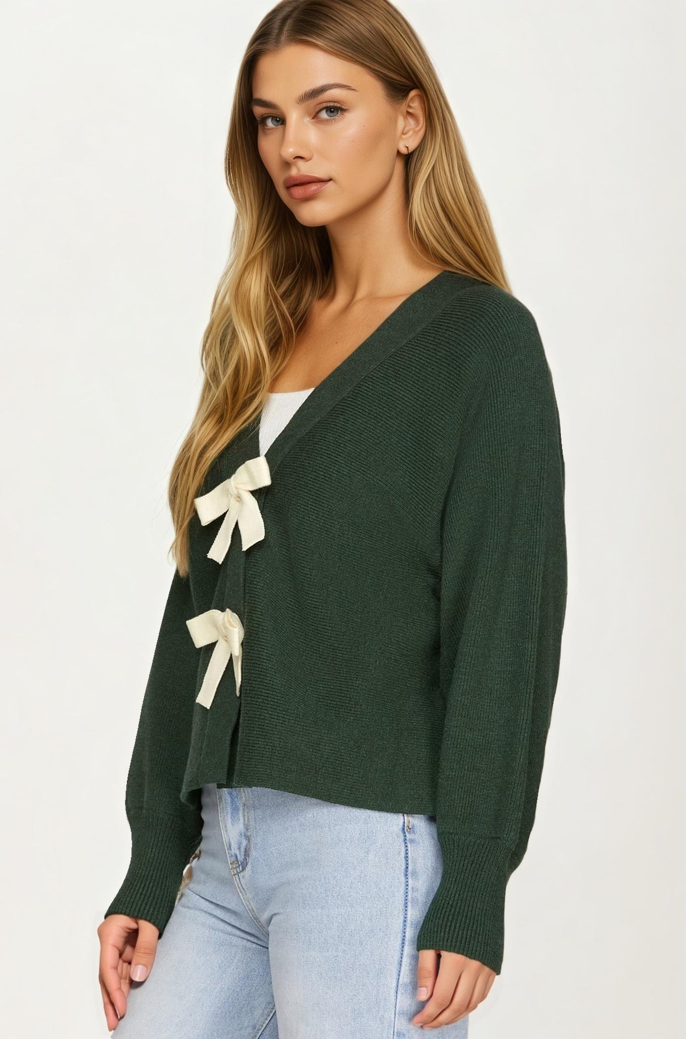 Bow Front Knit Cardigan with Long Sleeves