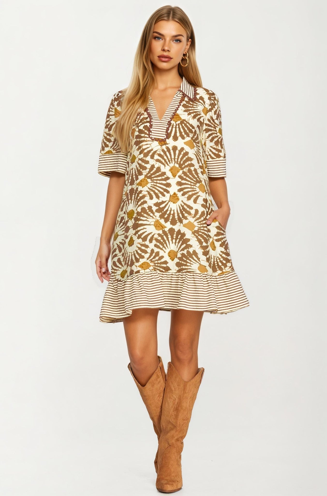 Printed V-Neck Mini Dress with Striped Trim
