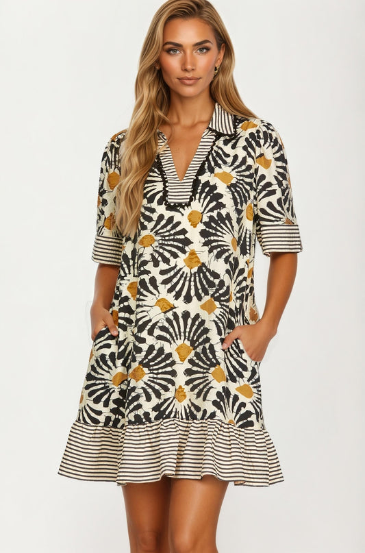 Printed V-Neck Mini Dress with Striped Trim