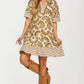 Printed V-Neck Mini Dress with Striped Trim