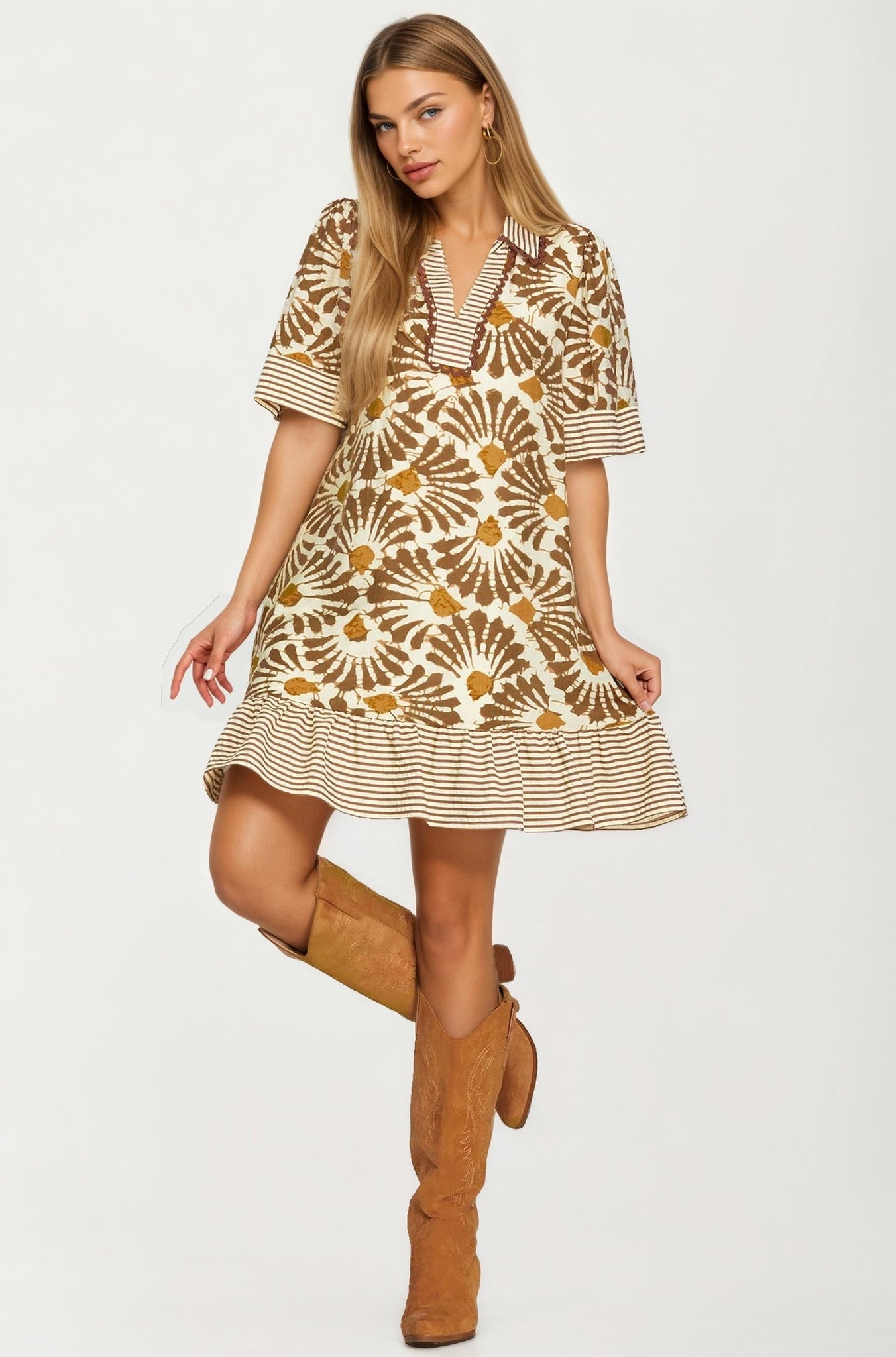 Printed V-Neck Mini Dress with Striped Trim