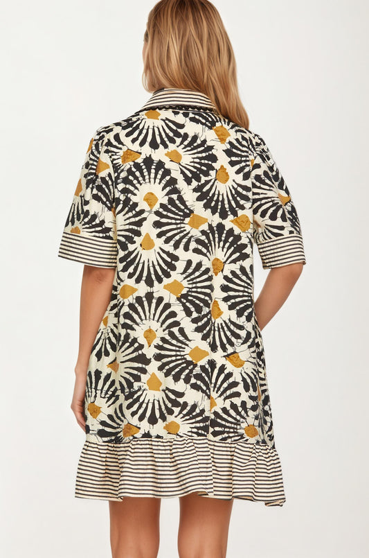 Printed V-Neck Mini Dress with Striped Trim